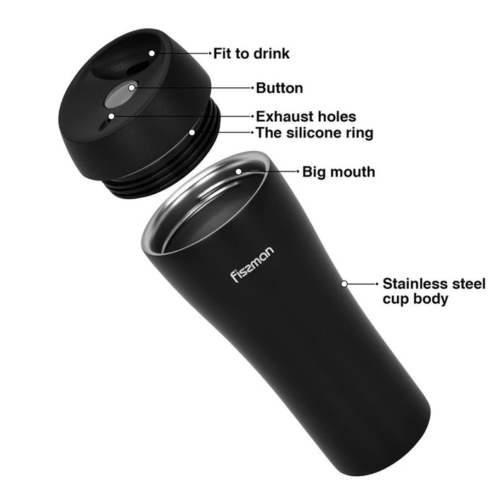 Vacuum Insulated Mug 420mL, Double Wall Stainless Steel Vacuum Travel Bottle | Thermos Travel Mug | Spill-Proof Silicone Sealed Lid | Coffee Thermos Bottle | for Hot and Cold Drinks (Black)