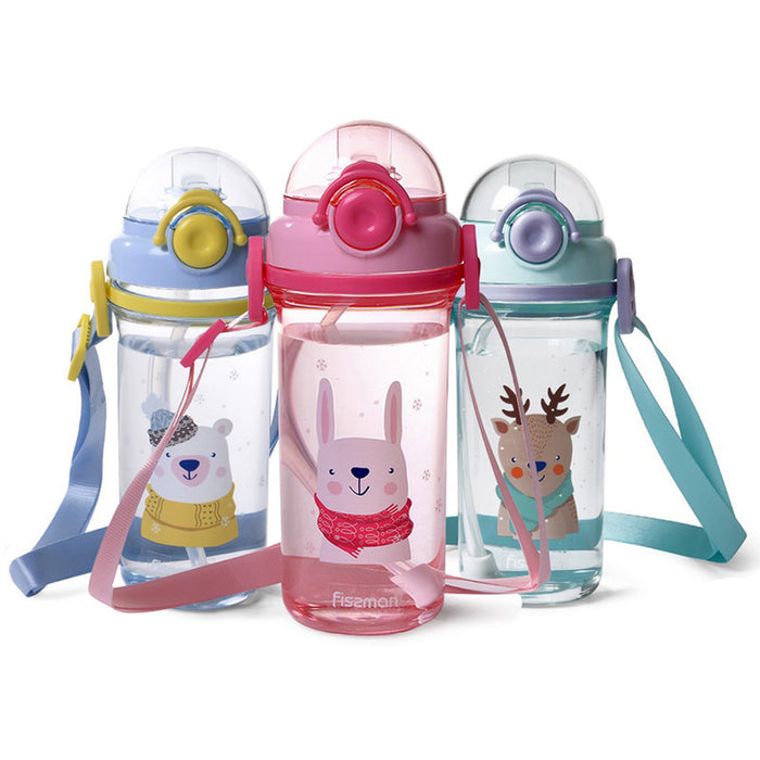 Fissman Water Bottle for Kids 450mL with Straw , BPA Free Water Bottle with Strap | Non-Toxic | Leak Proof Top Lid | Easy to Clean | for Kids, Toddler, School, Home (Blue)