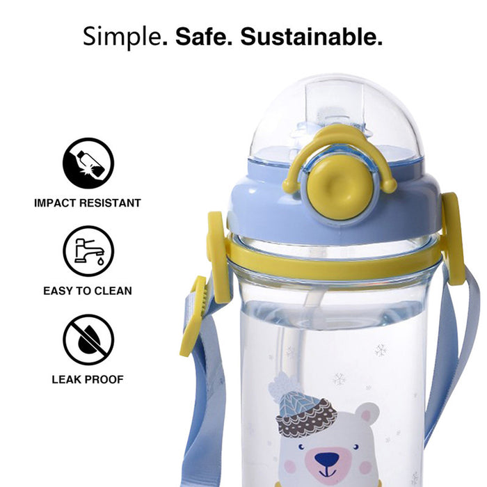 Fissman Water Bottle for Kids 450mL with Straw , BPA Free Water Bottle with Strap | Non-Toxic | Leak Proof Top Lid | Easy to Clean | for Kids, Toddler, School, Home (Blue)