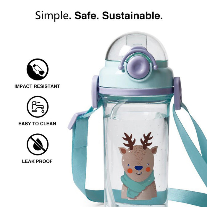 Fissman Water Bottle for Kids 450mL with Straw , BPA Free Water Bottle with Strap | Non-Toxic | Leak Proof Top Lid | Easy to Clean | for Kids, Toddler, School, Home (Mint)