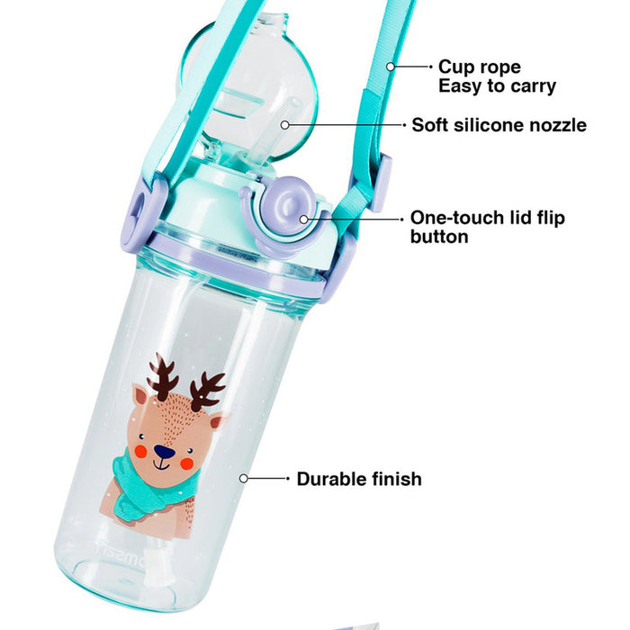 Fissman Water Bottle for Kids 450mL with Straw , BPA Free Water Bottle with Strap | Non-Toxic | Leak Proof Top Lid | Easy to Clean | for Kids, Toddler, School, Home (Mint)