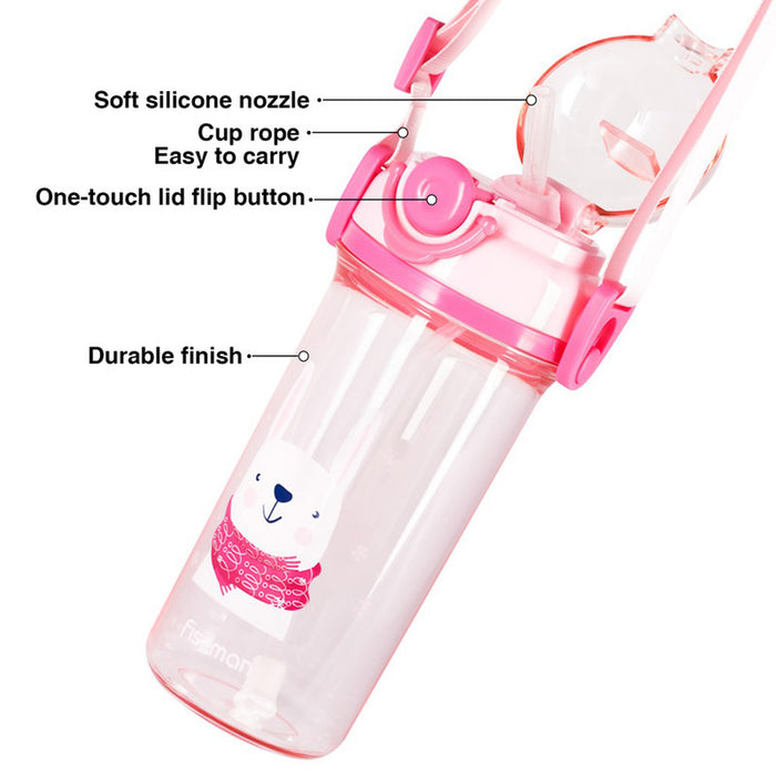 Fissman Water Bottle for Kids 450mL with Straw , BPA Free Water Bottle with Strap | Non-Toxic | Leak Proof Top Lid | Easy to Clean | for Kids, Toddler, School, Home (Pink)