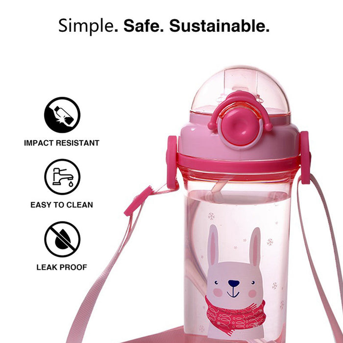 Fissman Water Bottle for Kids 450mL with Straw , BPA Free Water Bottle with Strap | Non-Toxic | Leak Proof Top Lid | Easy to Clean | for Kids, Toddler, School, Home (Pink)