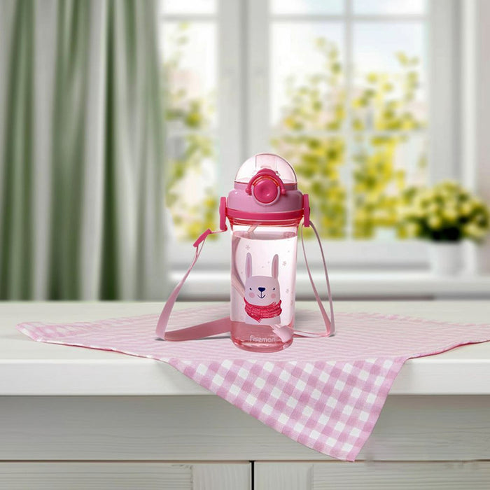 Fissman Water Bottle for Kids 450mL with Straw , BPA Free Water Bottle with Strap | Non-Toxic | Leak Proof Top Lid | Easy to Clean | for Kids, Toddler, School, Home (Pink)