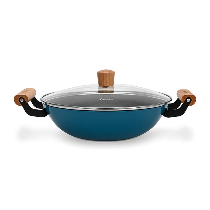 Fissman Wok Seagreen 28cm/4LTR with Glass Lid Enamelled Lightweight Cast Iron with Non-stick Coating