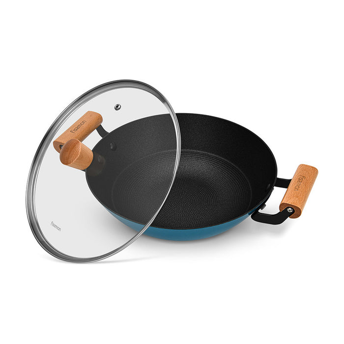 Fissman Wok Seagreen 28cm/4LTR with Glass Lid Enamelled Lightweight Cast Iron with Non-stick Coating