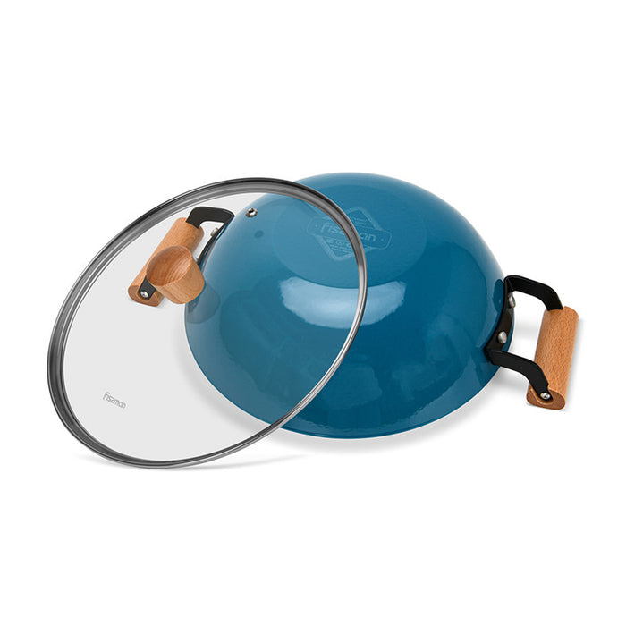 Fissman Wok Seagreen 28cm/4LTR with Glass Lid Enamelled Lightweight Cast Iron with Non-stick Coating