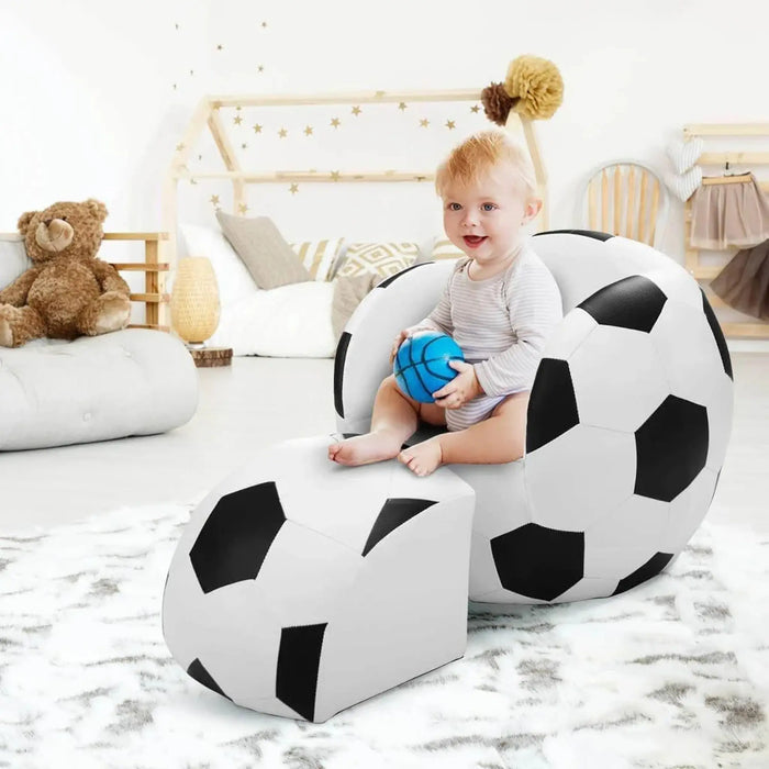 Football Kids Armchair With Footstool White-Black