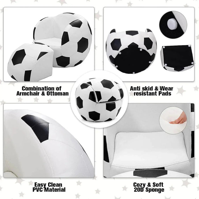 Football Kids Armchair With Footstool White-Black