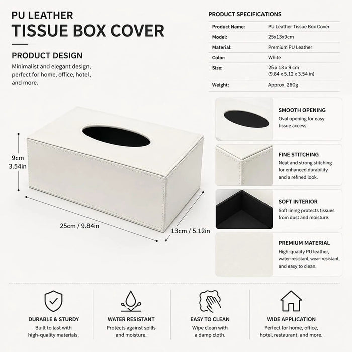 GENERIC White PU Leather Tissue Holder Box for Home Office Decoration