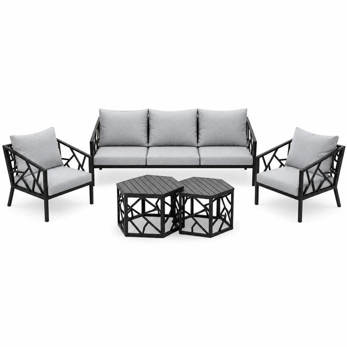 Geometric Black 5-Piece Outdoor Sofa & Nesting Table Set