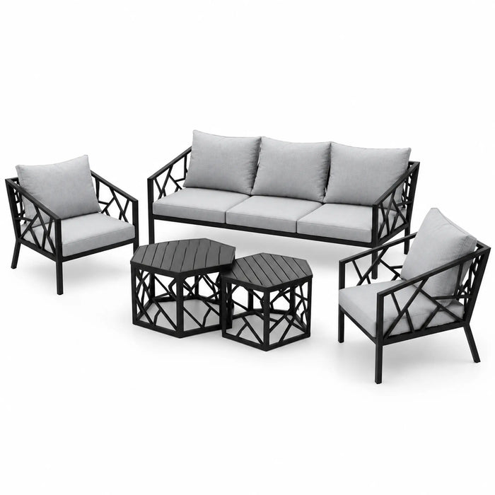 Geometric Black 5-Piece Outdoor Sofa & Nesting Table Set