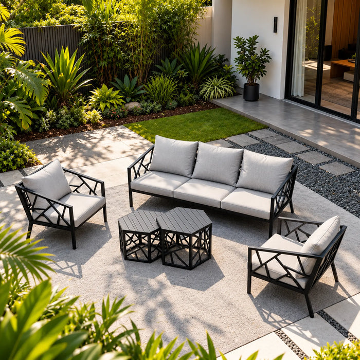 Geometric Black 5-Piece Outdoor Sofa & Nesting Table Set