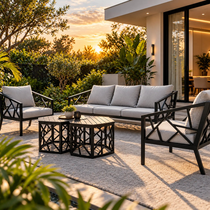 Geometric Black 5-Piece Outdoor Sofa & Nesting Table Set