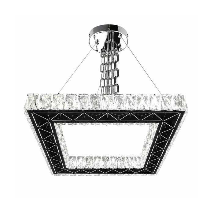A modern square ceiling light fixture with a black geometric frame and clear crystal-like hanging elements, suspended from a polished metal ceiling canopy against a white background.