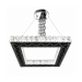 A modern square ceiling light fixture with a black geometric frame and clear crystal-like hanging elements, suspended from a polished metal ceiling canopy against a white background.