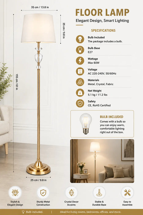 Great Dream Crystal Floor Lamp with Foot Switch, Antique Gold Farmhouse Standing Lamp with Fabric Drum Shade