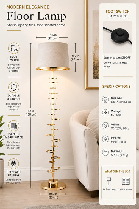 Great Dream Modern Luxury Floor Lamp, Gold Spiral Ring Stand with Off-White Fabric Drum Shade and Crystal Accent Base