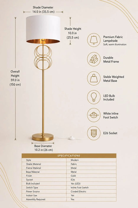 Great Dream Modern Gold Floor Lamp with White Fabric Drum Shade, 59" Tall Standing Lamp, LED Bulb Included, Inline Foot Switch, Metal Base, Contemporary Living Room & Bedroom Floor Light