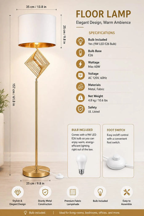 Great Dream Modern Gold Floor Lamp with White Fabric Drum Shade, 59" Tall Standing Lamp with White Fabric Drum Shade, Geometric Metal Accent, Heavy Metal Base for Living Room, Bedroom & Office