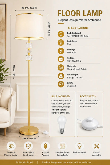 Great Dream Gold Floor Lamp with Marble & Crystal Accents, Foot Switch Control – Modern Glam White Drum Shade Standing Lamp for Living Room, Bedroom, Office – Bulb Included