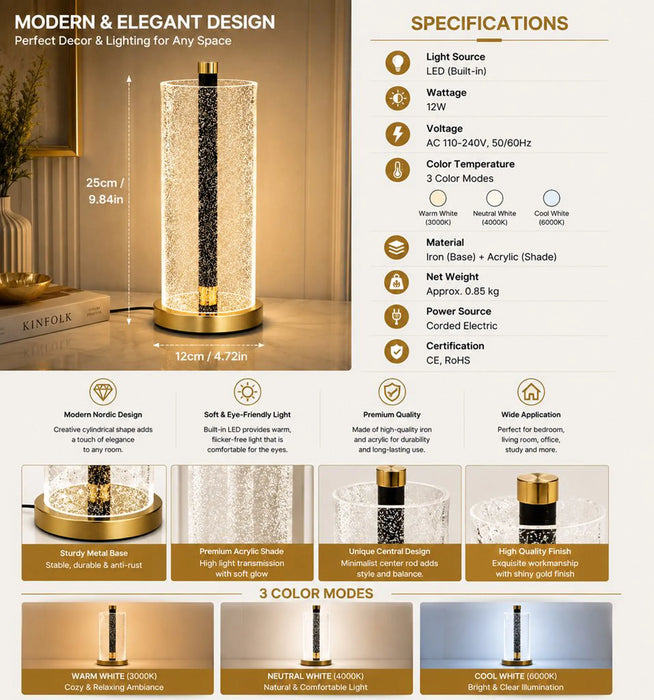 Great Dream Crystal Bubble Glass Table Lamp, LED Nightstand Lamp with Foot Switch and Gold Base