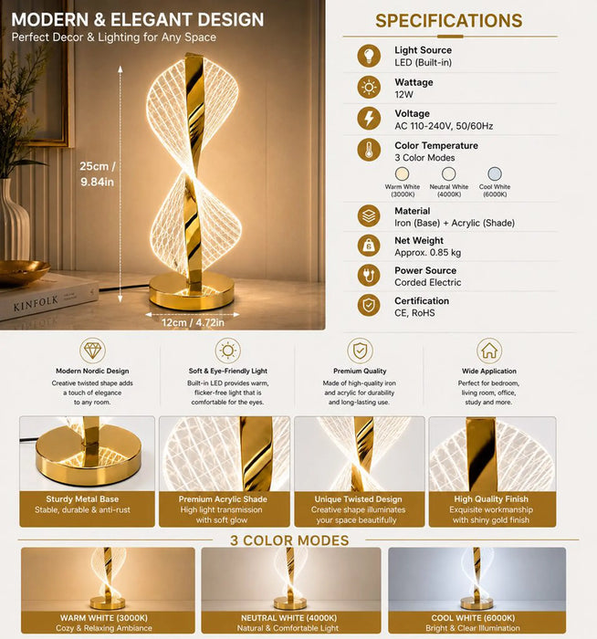 GREAT DREAM Spiral LED Table Lamp, Modern Acrylic Twist Sculpture Lamp with Gold Base, Unique Hourglass Design Nightstand Lamp for Bedroom, Living Room, Home Decor