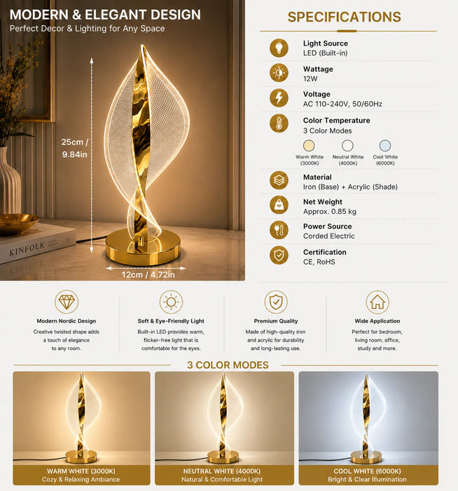 GREAT DREAM Gold Flame LED Table Lamp, Modern Acrylic Spiral Leaf Sculpture Lamp, Unique Twisted Flame Design Nightstand Lamp for Bedroom, Living Room, Home Decor