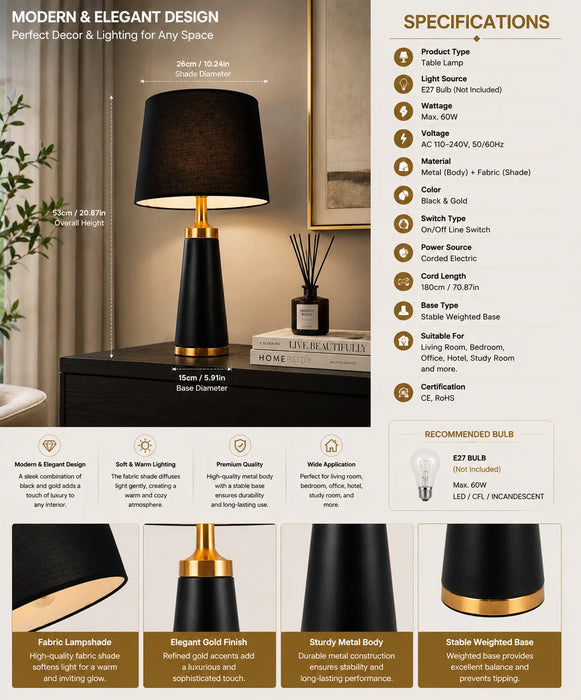 A product infographic for a modern table lamp, featuring a dark brown fabric drum shade, a polished gold-finished metal base, and a black wood-grain lampshade. The graphic includes a main product photo, detailed specifications on the right, feature callouts at the bottom, and a recommended bulb section on the far right, all set against a clean white background.