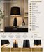A product infographic for a modern table lamp, featuring a dark brown fabric drum shade, a polished gold-finished metal base, and a black wood-grain lampshade. The graphic includes a main product photo, detailed specifications on the right, feature callouts at the bottom, and a recommended bulb section on the far right, all set against a clean white background.