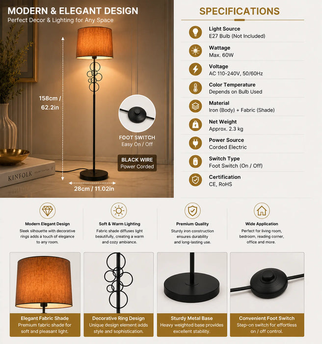 GREAT DREAM Modern Floor Lamp, Matte Black Metal Stand with Decorative Bubble Ring Accent, Brown Fabric Drum Shade, Tall Standing Lamp for Living Room, Bedroom, Office