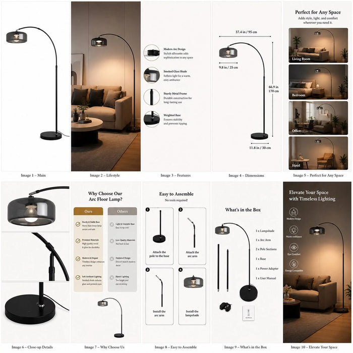 A collage-style product information sheet for a floor lamp, showing multiple panels with the lamp in different room settings, dimension callouts, feature highlights, assembly steps, and packaging contents. The product itself is a black floor lamp with a curved gooseneck arm and clear glass shades.