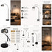 A collage-style product information sheet for a floor lamp, showing multiple panels with the lamp in different room settings, dimension callouts, feature highlights, assembly steps, and packaging contents. The product itself is a black floor lamp with a curved gooseneck arm and clear glass shades.