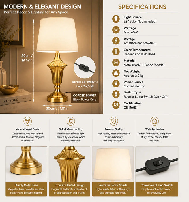GREAT DREAM Gold Table Lamp, Fluted Urn Base Table Lamps for Bedroom, Modern Metal Gold Lamp with Fabric Drum Shade for Living Room, Nightstand, Bedside, Office Desk