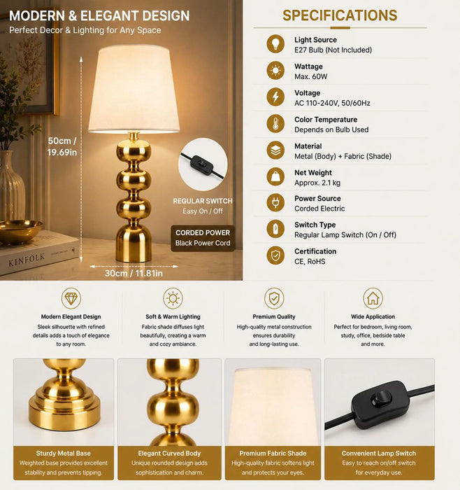 GREAT DREAM Modern Gold Table Lamp, Stacked Sphere Design with White Fabric Drum Shade, Brushed Gold Metal Base, Bedside/Living Room Lamp for Nightstand, Desk, Home Decor
