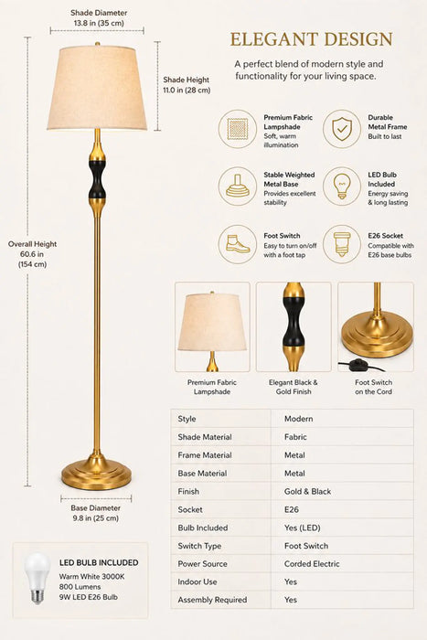 Great Dream Gold Finish Floor Lamp with Black Wood Accent, Traditional Tapered Linen Drum Shade Standing Lamp, Bulb Included