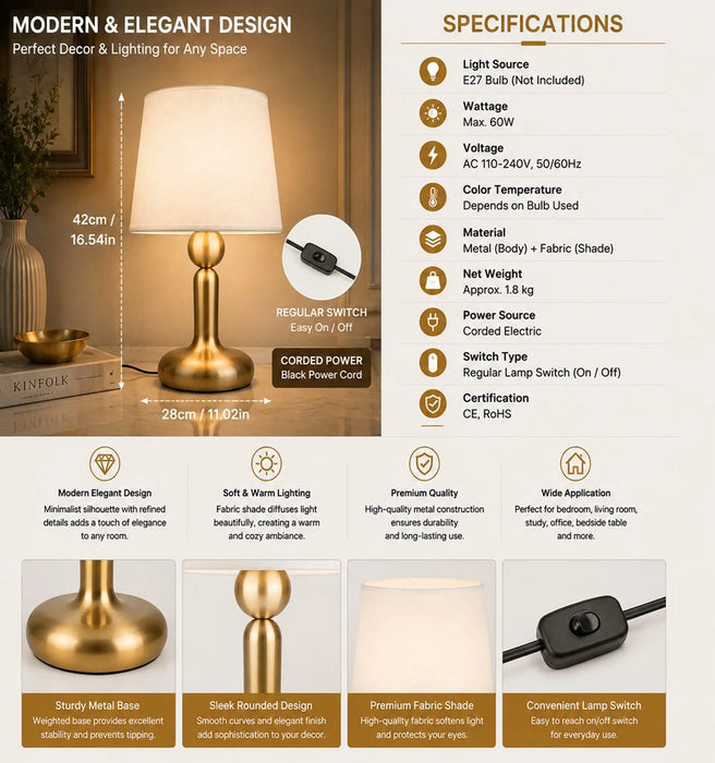 GREAT DREAM Gold Table Lamp, White Fabric Shade, Bedside Decor