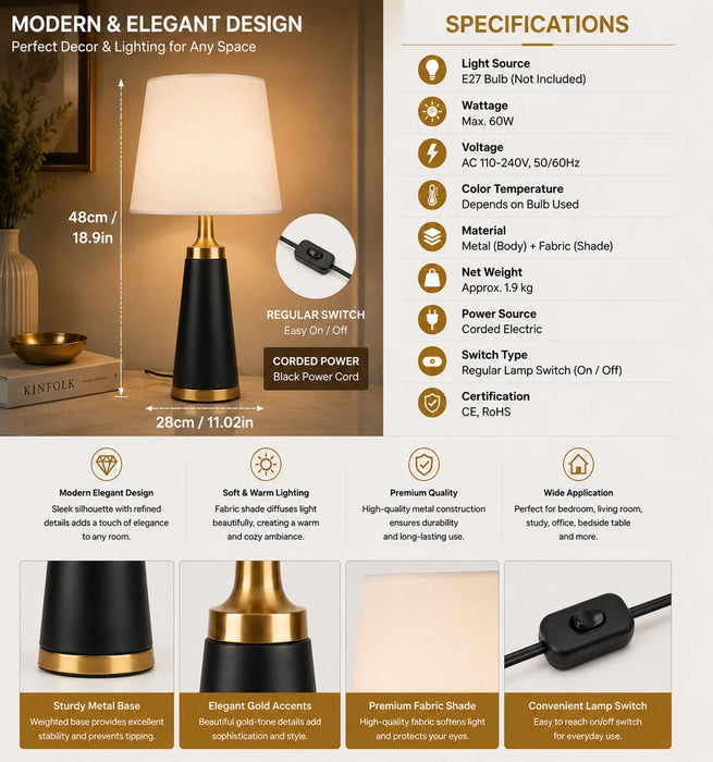 Great Dream Modern White, Black & Gold Table Lamp with LED Bulb Included, 55 cm Bedside Lamp with Premium Fabric Shade, E27 Contemporary Nightstand Lamp for Bedroom, Living Room, Office & Hotel