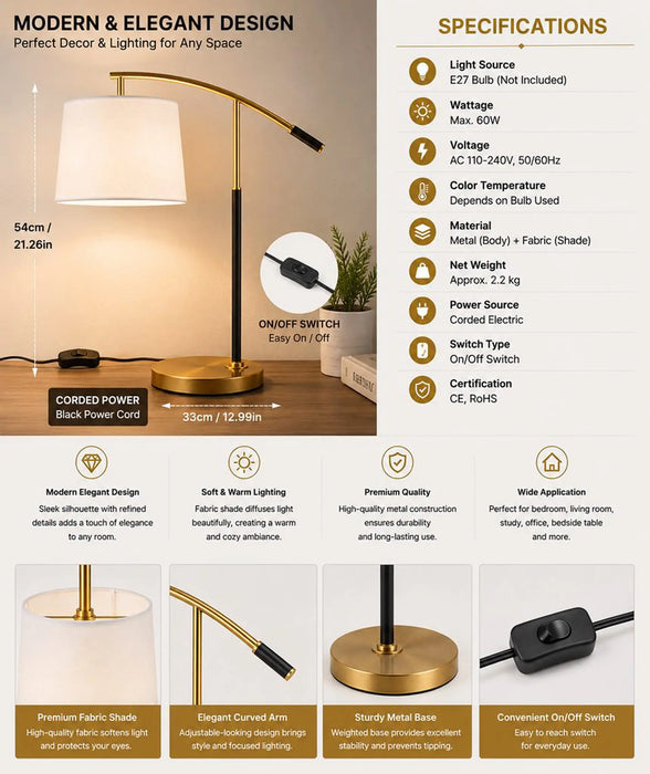 Great Dream Modern Table Lamp, Black & Gold Bedside Lamp with White Fabric Shade, E27 Desk Lamp for Bedroom, Living Room, Office & Nightstand