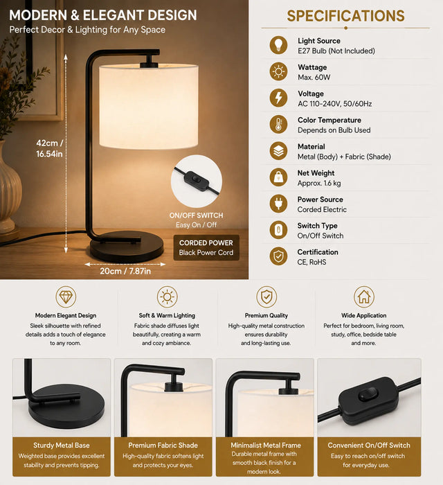 GREAT DREAM Modern Table Lamp with Fabric Shade, E27 Bedside Lamp, Black Metal Nightstand Lamp for Bedroom, Living Room, Office, Desk & Reading Table