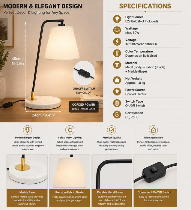 GREAT DREAM Modern Table Lamp, Black Angled Metal Arm with White Fabric Shade, Marble Base with Brass Accent, E27 Bedside/Desk Lamp for Living Room, Bedroom, Office