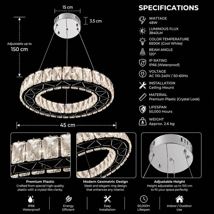 GREAT DREAM 45 cm Crystal Ring Chandelier, Luxury LED Pendant Light
