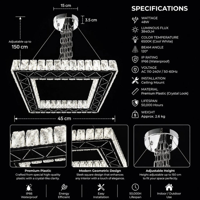 A black-and-white product specification sheet for a modern geometric ceiling light fixture, showing dimensions, wattage, lifespan, material, and feature callouts on a dark background.