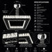 A black-and-white product specification sheet for a modern geometric ceiling light fixture, showing dimensions, wattage, lifespan, material, and feature callouts on a dark background.