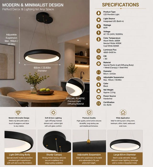 A product infographic for a modern minimalist pendant light. The main visual is a black circular pendant light with a cordless suspension system, shown in a room setting with a ceiling and wall.