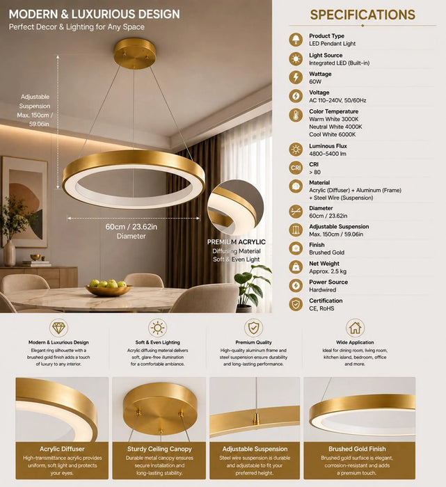 A modern multi-light linear pendant ceiling fixture with a brushed gold finish and acrylic diffuser, shown in a styled living room setting. The image is a detailed product infographic with dimensions, specifications, and feature callouts.