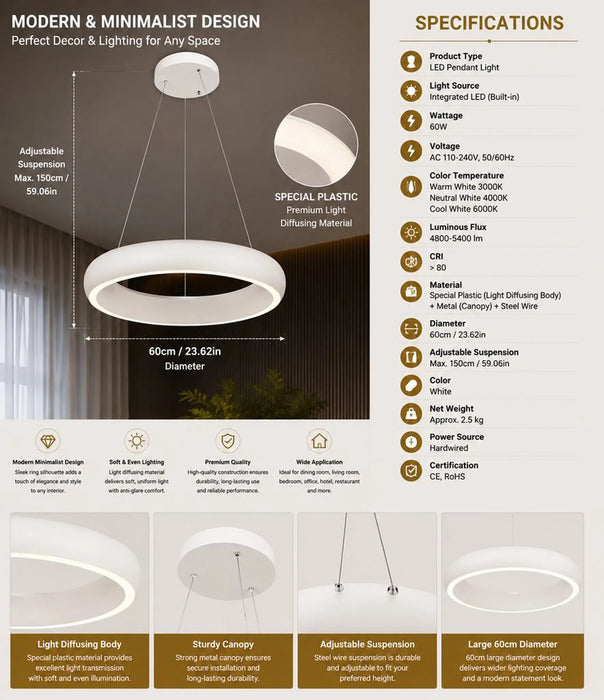 Great Dream Ring LED Chandelier Pendant Light White 60 cm, White