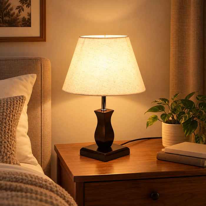 GREAT DREAM Classic Table Lamp with Fabric Shade, Dark Wood-Style Decorative Base, Bedside Nightstand Lamp for Bedroom, Living Room & Office