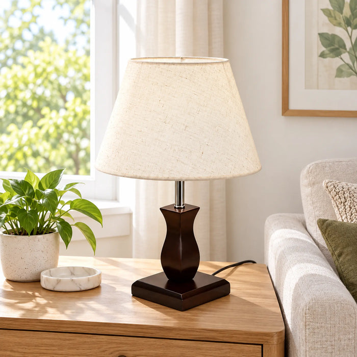 GREAT DREAM Classic Table Lamp with Fabric Shade, Dark Wood-Style Decorative Base, Bedside Nightstand Lamp for Bedroom, Living Room & Office