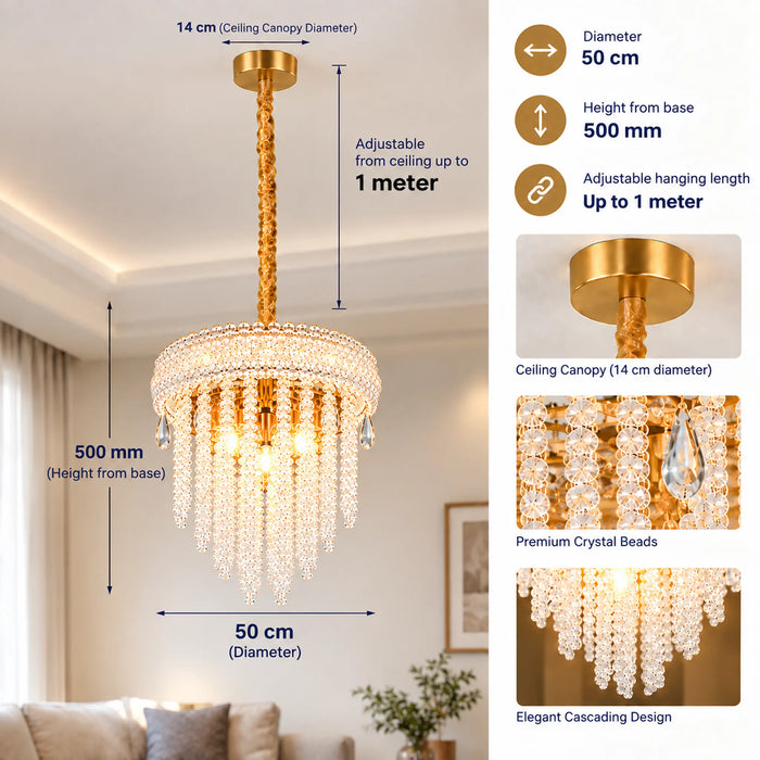 Great Dream Crystal Chandelier, 50 cm Diameter, Gold, Cascading Crystal Beads
